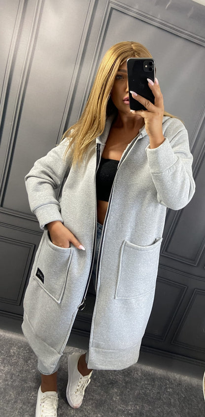 Uzun Fermuarlı Kapüşonlu Sweatshirt Ceket