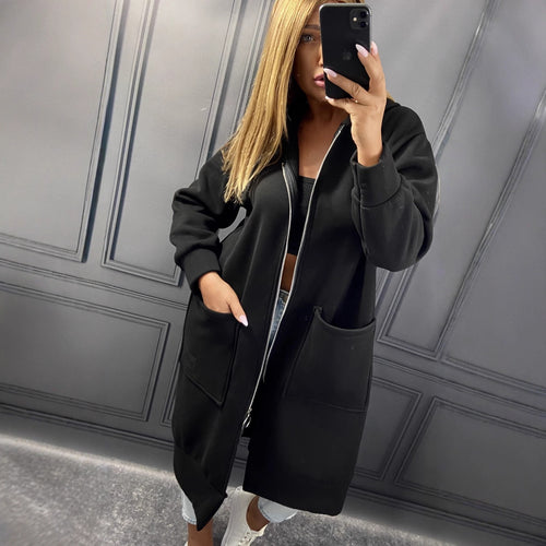 Uzun Fermuarlı Kapüşonlu Sweatshirt Ceket