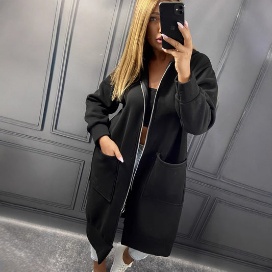 Uzun Fermuarlı Kapüşonlu Sweatshirt Ceket