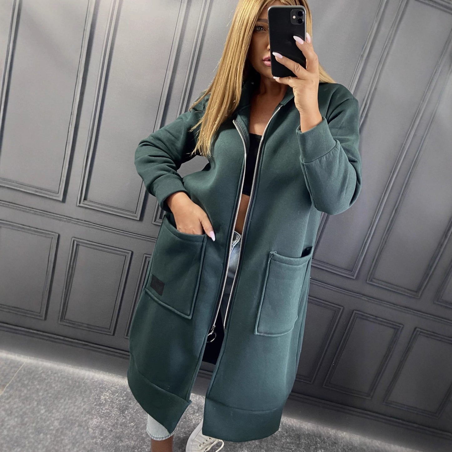 Uzun Fermuarlı Kapüşonlu Sweatshirt Ceket