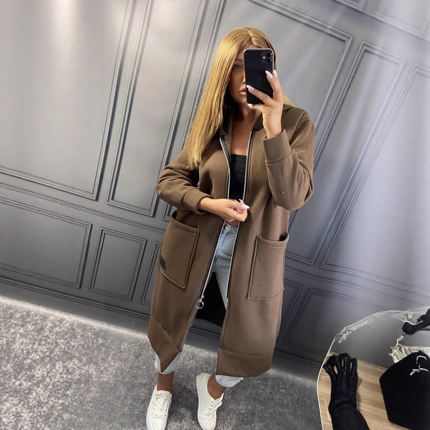 Uzun Fermuarlı Kapüşonlu Sweatshirt Ceket