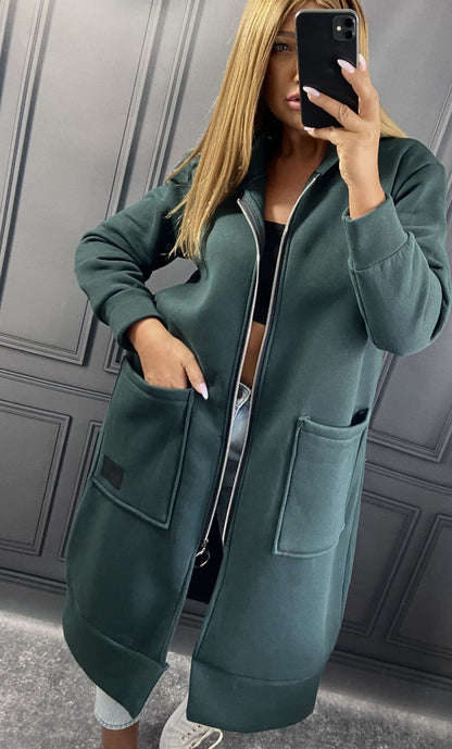 Uzun Fermuarlı Kapüşonlu Sweatshirt Ceket